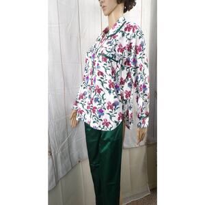 TESORO Emerald Green White Silky Pajama Top Bottom SET MEDIUM